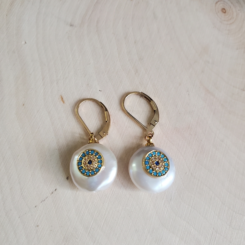 Sterling Silver 925 Pearl Turquoise Evil Eye Earrings